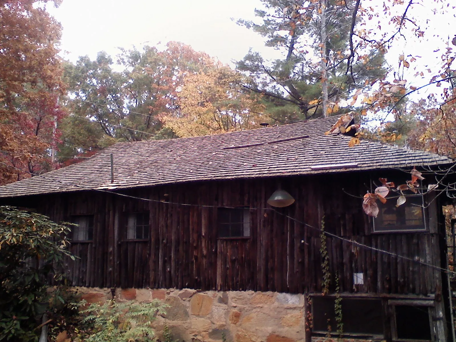 Weathered wood shake roof on a rustic board sided cabin in Walnut Grove