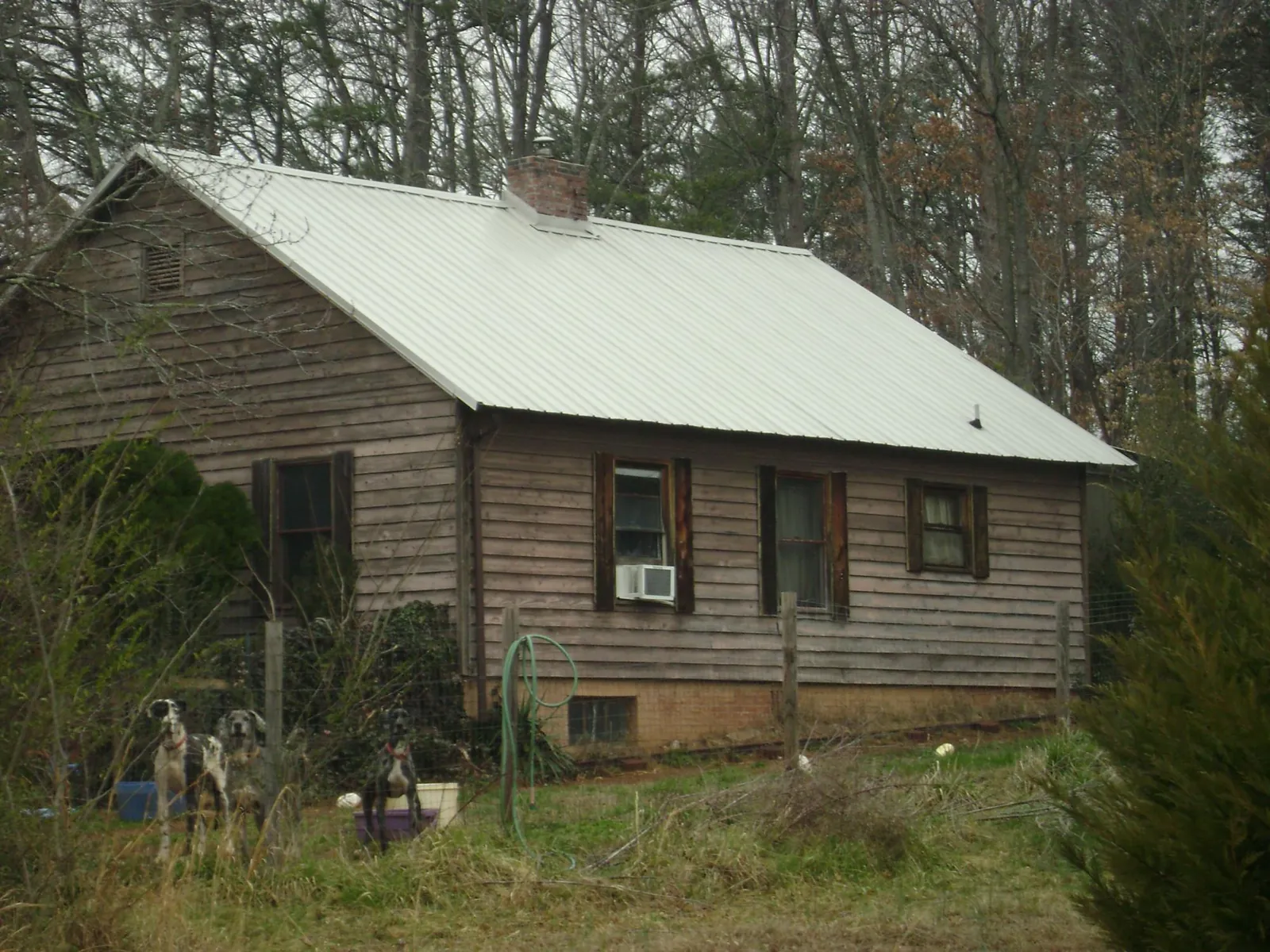 White metal roof on an old wood sided farmhouse, from a Asphalt Shingle Roof Repair job in Walnut Grove